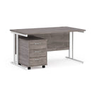 Dams Maestro 25 straight desk with grey oak finish and white 3-drawer under-desk pedestal bundle, modern office furniture setup.
