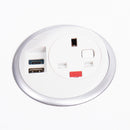 Dams Pixel In-Surface Power Module with UK socket and TUF USB charger connectors mounted on a surface.