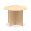 Dynamic Impulse round table with arrowhead maple legs, showcasing a sleek, modern design and natural wood finish.