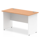 Dynamic Impulse 600mm deep straight desk with oak finish and panel legs, featuring a sleek white top and sturdy wooden legs.