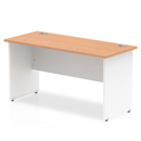 White Impulse 600mm deep straight desk with oak finish and panel legs by Dynamic, showing the clean, modern workspace design.