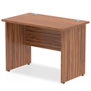Impulse 600mm deep straight desk with walnut finish and panel legs by Dynamic, showing a modern office workspace with clean lines.