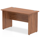 Dynamic Impulse 600mm deep straight desk with walnut finish and panel legs, showcasing a modern office workspace.