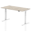 Grey oak height adjustable desk with 800mm depth, cable ports, and dynamic design, suitable for ergonomic workspace setups.