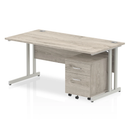 Gray oak Impulse cantilever straight desk by Dynamic with two-drawer mobile pedestal, featuring a modern office workspace design.
