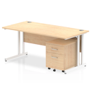 Impulse cantilever straight desk by Dynamic with two-drawer mobile pedestal in maple finish, featuring a clean, modern office design.