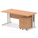 Dynamic Impulse cantilever straight desk with two drawers and mobile pedestal in oak wood finish.