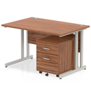 Dynamic Impulse cantilever straight desk with two-drawer mobile pedestal in walnut finish, featuring a sleek and modern design.