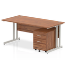 Dynamic Impulse cantilever straight desk with two-drawer mobile pedestal in walnut wood finish, modern office workspace furniture.