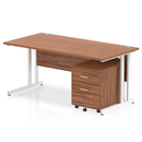 Dynamic Impulse cantilever straight desk with walnut finish and two-drawer mobile pedestal, showcasing the sleek workspace setup.
