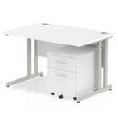 White Impulse cantilever straight desk by Dynamic with two drawers and mobile pedestal for office workspace.