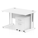 White Impulse cantilever straight desk by Dynamic with two-drawer mobile pedestal, featuring a modern office workspace design.