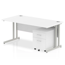 White Impulse cantilever straight desk with two-drawer mobile pedestal by Dynamic, featuring a sleek modern design and functional storage.