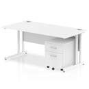 White Impulse cantilever straight desk by Dynamic with two drawers and mobile pedestal for office workspace.