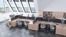 Impulse Crescent desk with 600mm deep high pedestal in beech, featuring a modern office workspace by Dynamic.