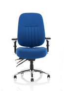 Black Barcelona Deluxe fabric operator chair by Dynamic with adjustable armrests and ergonomic design for office use.