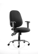 Black Lisbon operator chair by Dynamic with adjustable arms, ergonomic design, and cushioned seat for office comfort.