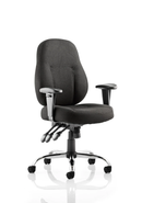 Black Storm Operator Chair by Dynamic with adjustable arms, ergonomic design, and cushioned seat for comfortable office seating.