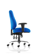 Blue Storm Operator Chair by Dynamic with adjustable arms, ergonomic design, and padded seat for comfort.