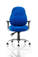 Storm blue operator chair by Dynamic with adjustable arms, ergonomic design, and padded seat and backrest for comfort.