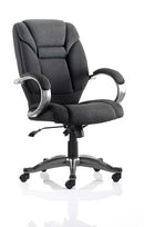 Black fabric Galloway executive chair with arms by Dynamic, showing a modern office chair with cushioned armrests and sleek design.