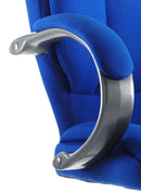 Blue fabric Galloway Executive Chair with arms by Dynamic, showcasing its cushioned seat and ergonomic design.