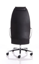 Black leather office chair with ergonomic design and high-back support, featuring the Dynamic Mien brand for executive comfort.
