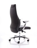 Black executive leather office chair from Dynamic's Mien collection, featuring ergonomic design and padded armrests.