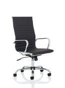 Black bonded leather Nola High Back Executive Chair by Dynamic with padded headrest and armrests, modern office furniture.