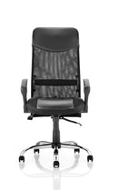 Black leather and mesh executive chair by Dynamic with leather headrest, ergonomic design, and adjustable features.