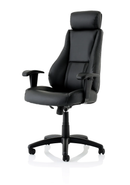 Dynamic Windsor leather executive chair with headrest, featuring plush cushioning and adjustable armrests for office comfort