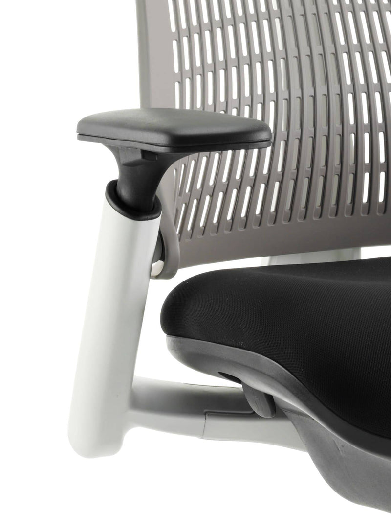 Flex Task Operator Chair White Frame Black Fabric Seat With Grey Back With Arms - NWOF