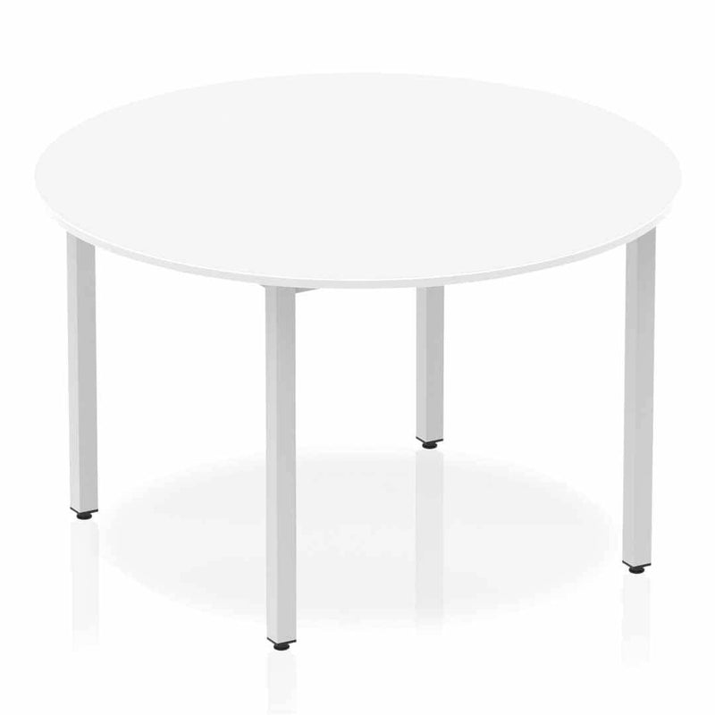 Impulse 1200mm Round Table White Top Silver Box Frame Leg - NWOF