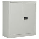 Front view of TC Bisley Steel Contract Cupboard in goose grey with two doors and sturdy metal construction.