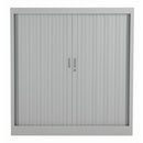 Gray TC Steel Open Tambour Cupboard front view showing sleek, modern design with open tambour doors and sturdy steel construction.