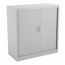 Grey TC Steel Open Tambour Cupboard with sleek door panels and modern design, shown from the front view.