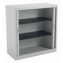 Open grey TC Steel Tambour Cupboard with sliding doors showing shelves inside, ideal for storage in modern spaces.