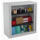 Open grey TC Steel Tambour Cupboard showing interior shelves and sliding doors, ideal for storage and organization.