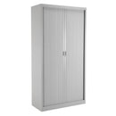 Grey TC Steel open tambour cupboard with sliding doors and modern design, shown from the front.