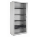 Open grey TC Steel Tambour Cupboard with sliding doors, showing interior shelves and modern design.