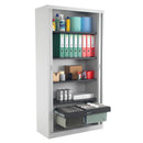 TC Steel open tambour cupboard in grey, showing the front view with doors partially open, revealing interior storage space.