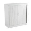 White TC Steel Open Tambour Cupboard with sliding tambour door and modern design, front view showing clean, sleek appearance.
