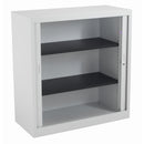 White TC Steel Open Tambour Cupboard with doors slightly open, showing a modern storage solution with sleek design and smooth finish.
