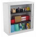 White TC Steel open tambour cupboard with sliding doors, showcasing its spacious interior and sleek modern design.