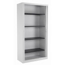 White TC Steel Open Tambour Cupboard with doors slightly open, showcasing storage shelves inside.