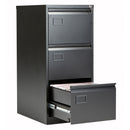 Side view of the black Bisley Contract Steel Filing Cabinet by TC, showing open drawers with metal handles and sturdy construction.