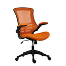 Orange TC Marlos mesh back office chair with folding arms, ergonomic design and adjustable armrests.