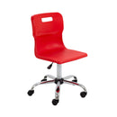 Red Titan swivel senior chair with adjustable height and five caster wheels, featuring a padded backrest and armrests.